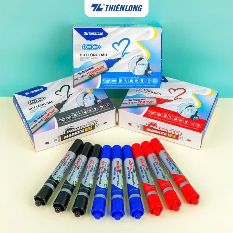Combo 10 Bút lông dầu 2 đầu bút Thiên Long PM-09, mực đạt tiêu chuẩn Châu Âu, bám dính tốt trên nhiều vật liệu