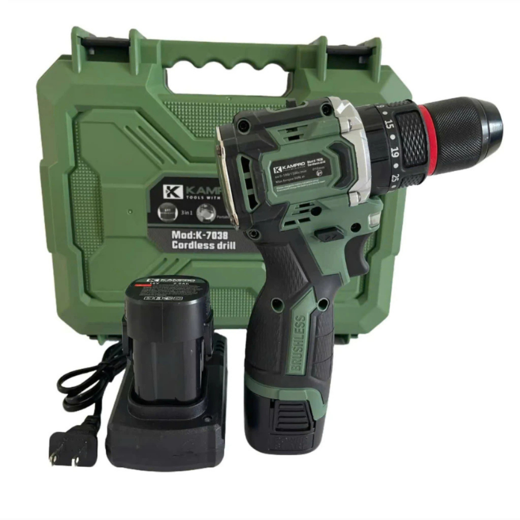 Máy Khoan Pin Kampro K-7038 Xanh, 3 Chức Năng, Đầu Kẹp Autolock, Động Cơ Không Chổi Than