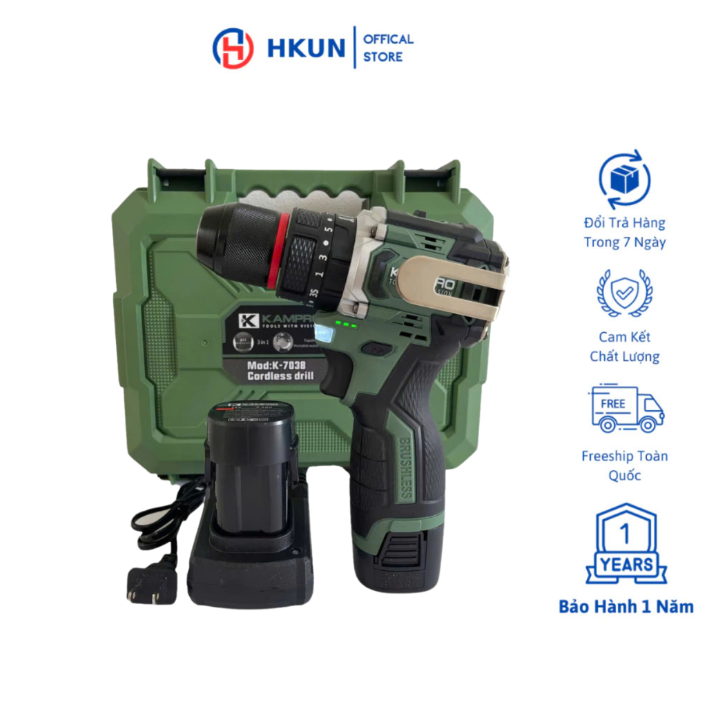 Máy Khoan Pin Kampro K-7038 Xanh, 3 Chức Năng, Đầu Kẹp Autolock, Động Cơ Không Chổi Than