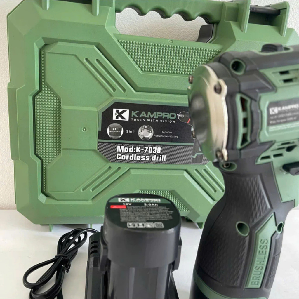 Máy Khoan Pin Kampro K-7038 Xanh, 3 Chức Năng, Đầu Kẹp Autolock, Động Cơ Không Chổi Than