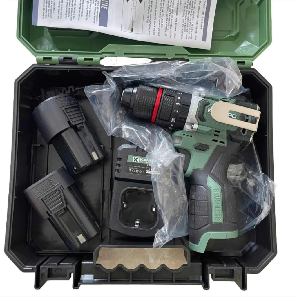 Máy Khoan Pin Kampro K-7038 Xanh, 3 Chức Năng, Đầu Kẹp Autolock, Động Cơ Không Chổi Than