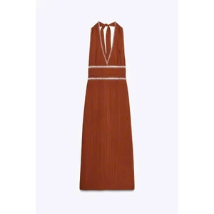 ZARA ĐẦM MAXI CỔ YẾM V.TRẮNG CỘT DÂY NÂU (250516068)