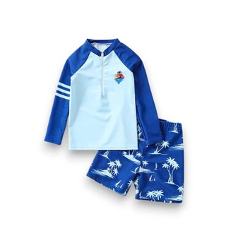 Đồ bơi bé trai dài tay quần đùi tay 3 sọc kèm mũ,đồ bơi chống nắng bé trai size 10-45kg