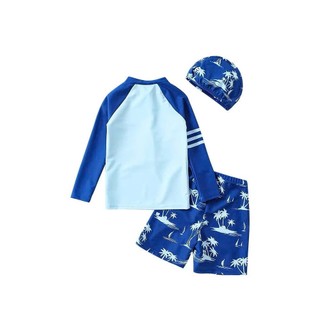 Đồ bơi bé trai dài tay quần đùi tay 3 sọc kèm mũ,đồ bơi chống nắng bé trai size 10-45kg