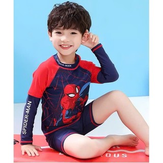 Đồ bơi bé trai dài tay quần đùi tay 3 sọc kèm mũ,đồ bơi chống nắng bé trai size 10-45kg