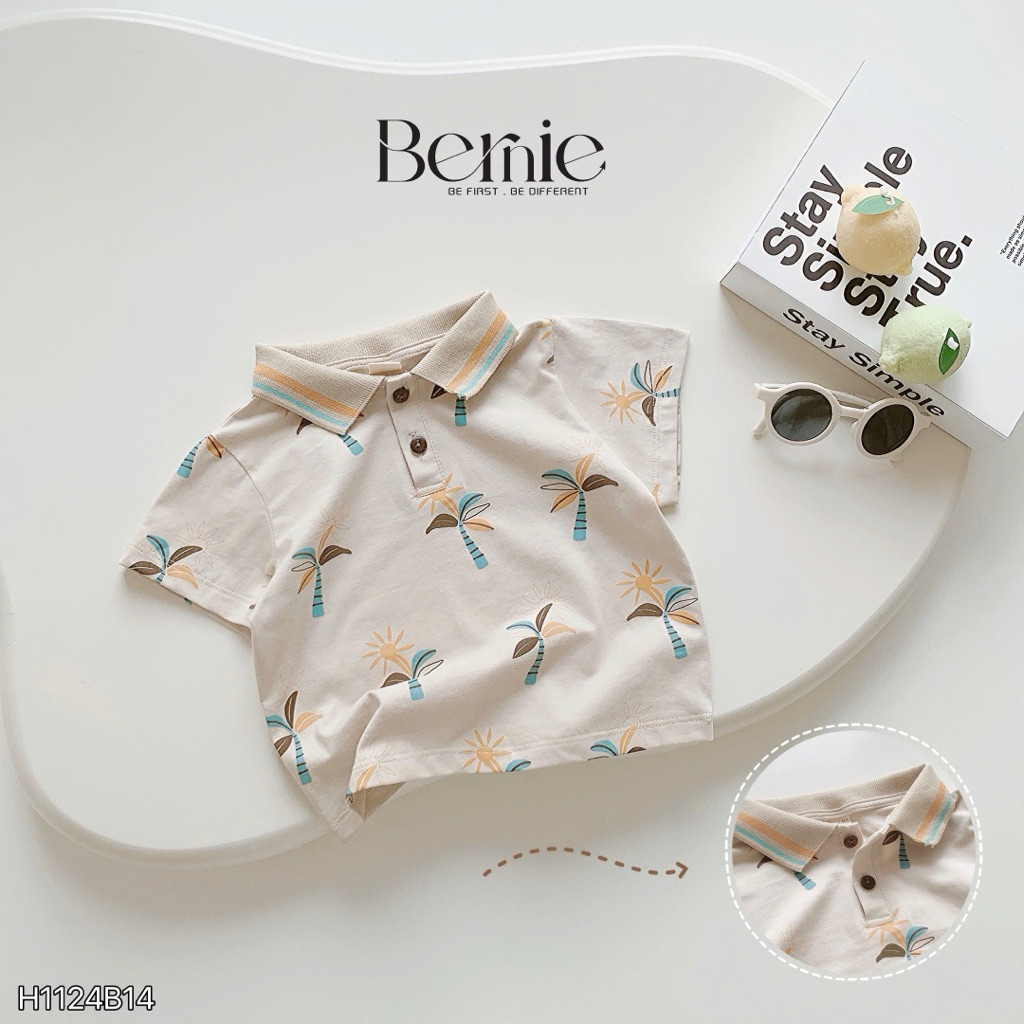 Set polo cộc tay cổ dệt Bernie in trần họa tiết Sunny phối quần kaki mềm mại cho bé trai 9-24kg