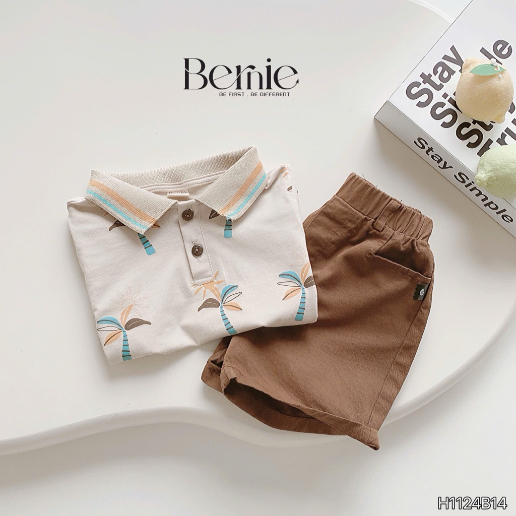 Set polo cộc tay cổ dệt Bernie in trần họa tiết Sunny phối quần kaki mềm mại cho bé trai 9-24kg