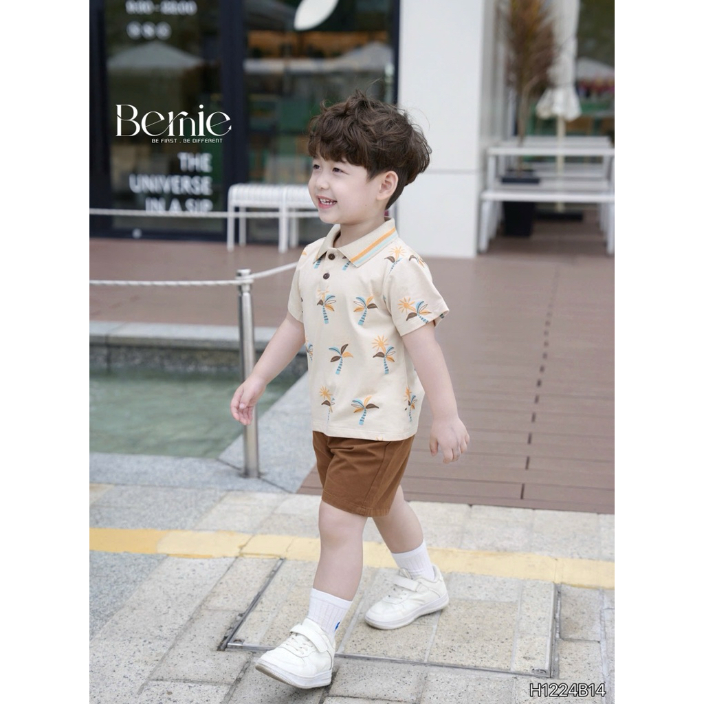 Set polo cộc tay cổ dệt Bernie in trần họa tiết Sunny phối quần kaki mềm mại cho bé trai 9-24kg