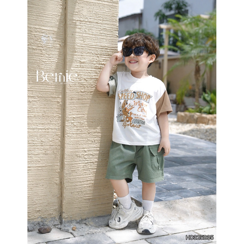 Set cotton phối tay Bernie quần kaki mềm họa tiết Speed shop cho bé trai 9-28kg