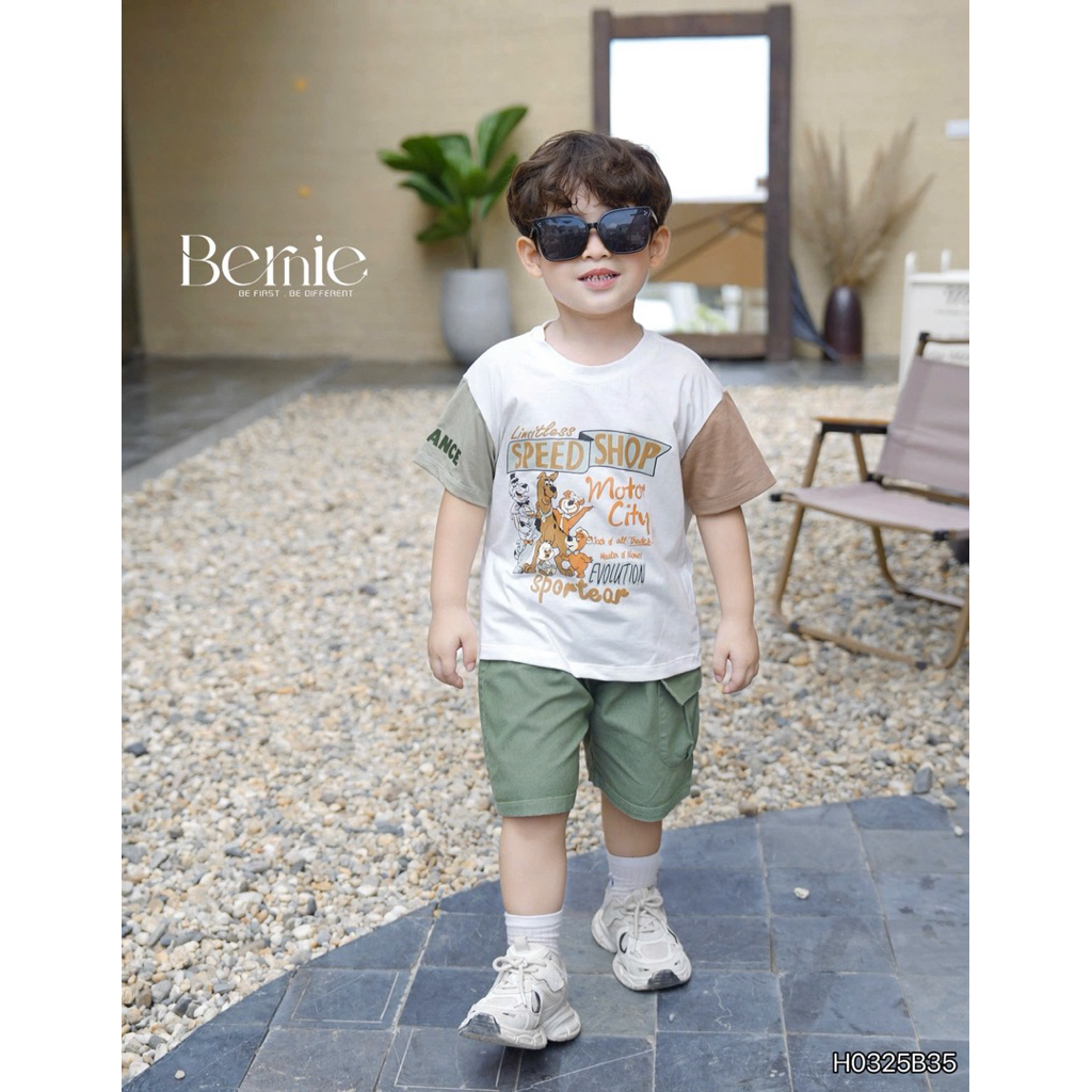 Set cotton phối tay Bernie quần kaki mềm họa tiết Speed shop cho bé trai 9-28kg