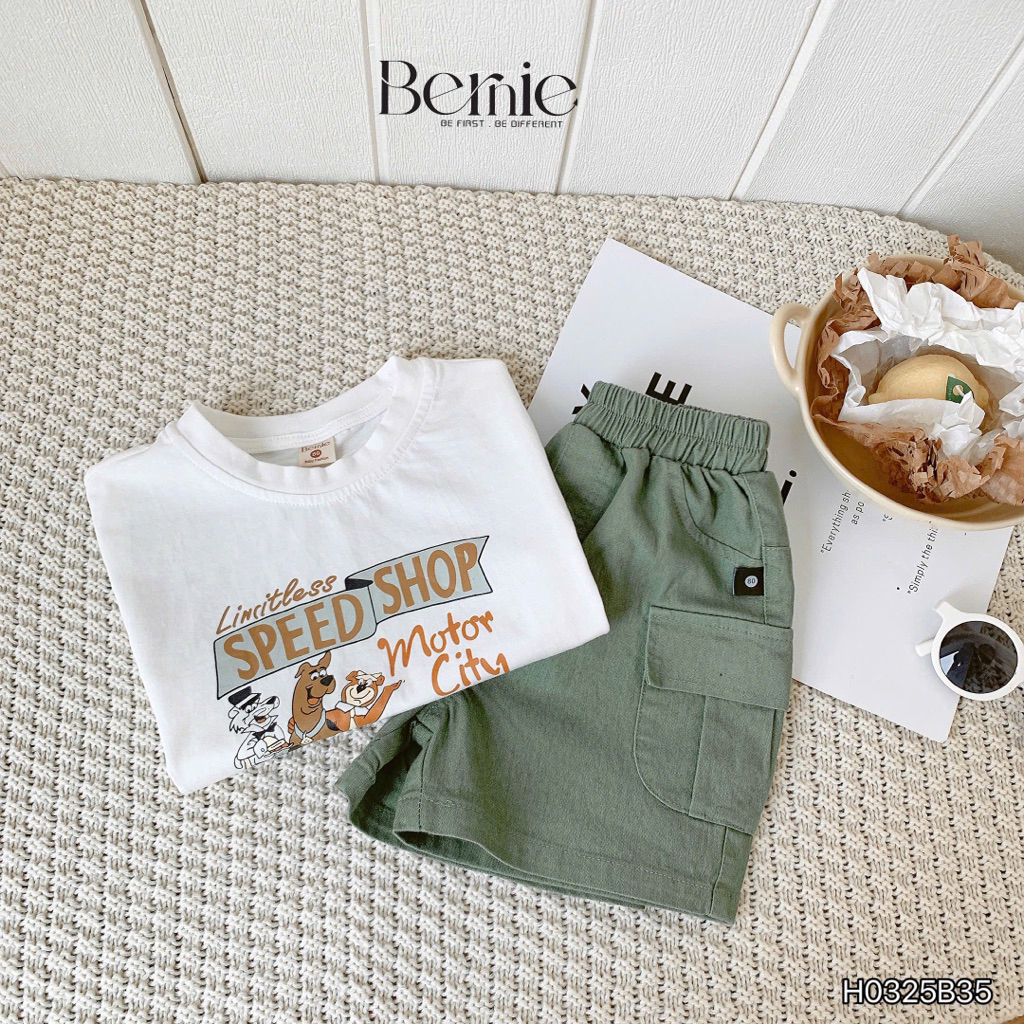 Set cotton phối tay Bernie quần kaki mềm họa tiết Speed shop cho bé trai 9-28kg