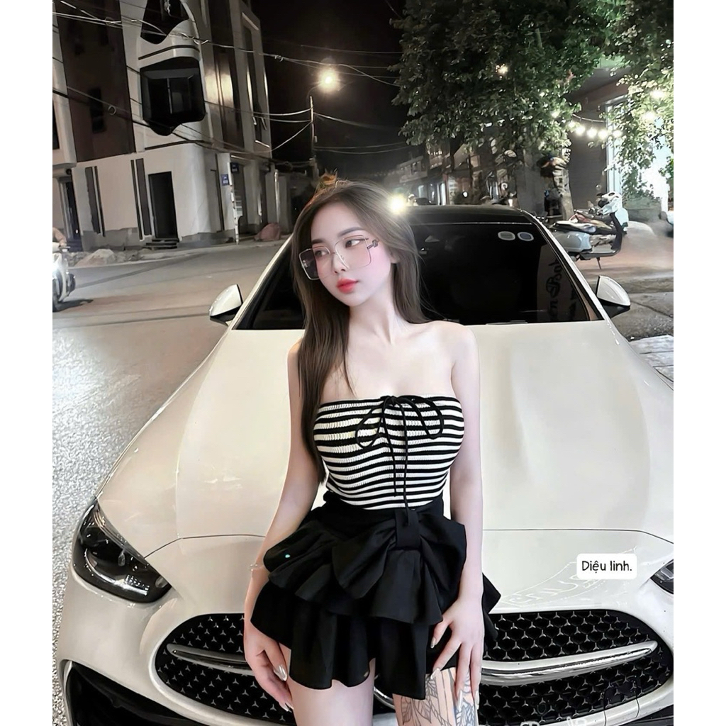 Set áo quây kẻ chân váy tầng đính nơ to kute