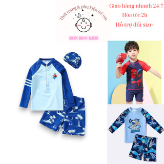 Đồ bơi bé trai dài tay quần đùi tay 3 sọc kèm mũ,đồ bơi chống nắng bé trai size 10-45kg