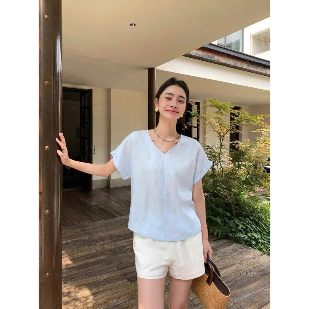 𝗚𝘂𝗺𝗶 𝗟𝗶𝗻𝗲𝗻  A04  - Áo Linen cổ V basic