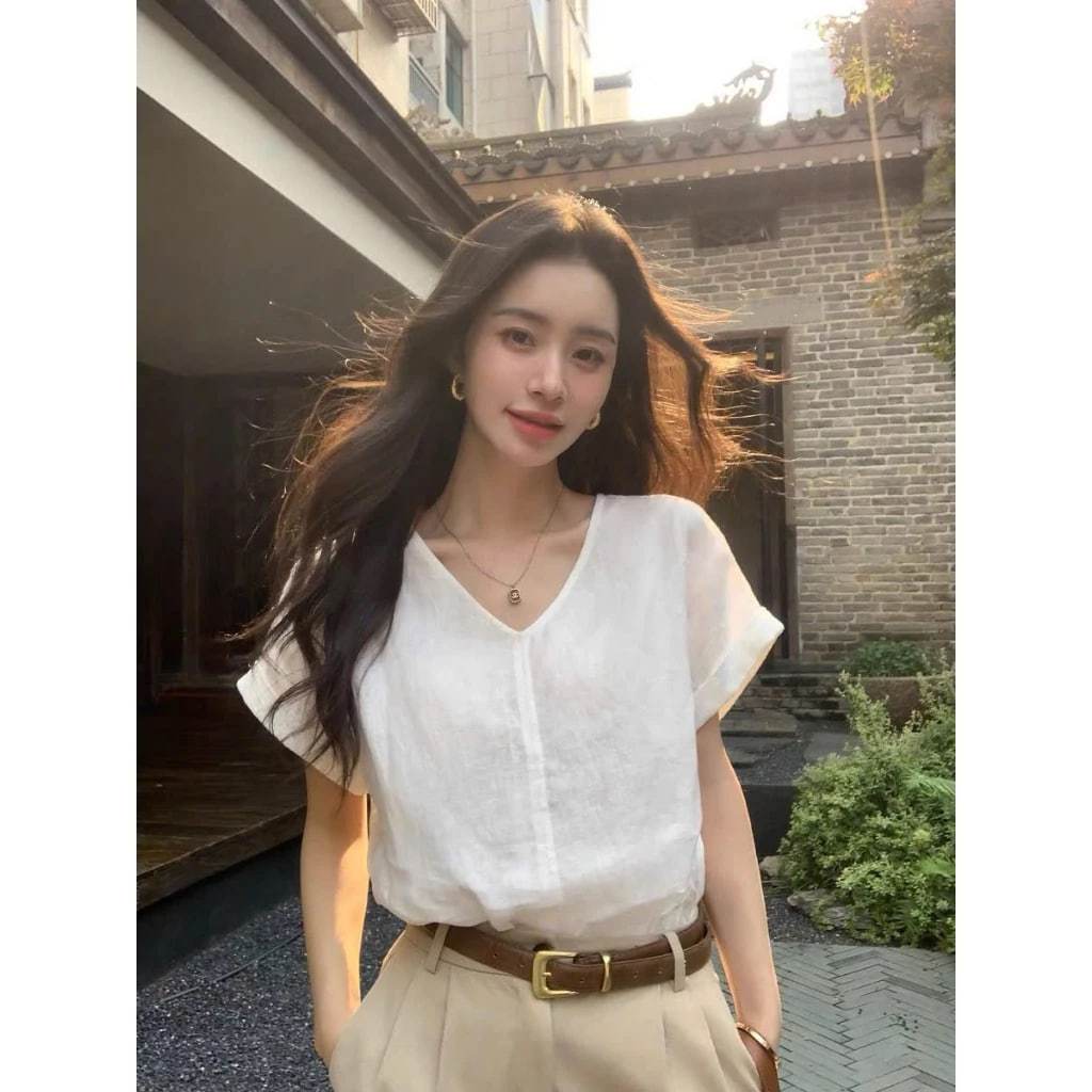 𝗚𝘂𝗺𝗶 𝗟𝗶𝗻𝗲𝗻  A04  - Áo Linen cổ V basic