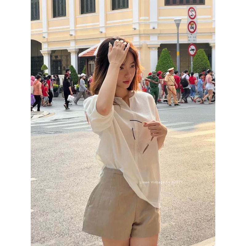 𝗛𝗮𝗻𝗮  - Áo Linen xuông cổ V+Dây thắt eo BEELY