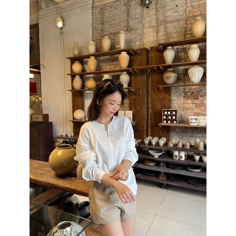 𝗛𝗮𝗻𝗮  - Áo Linen xuông cổ V+Dây thắt eo BEELY