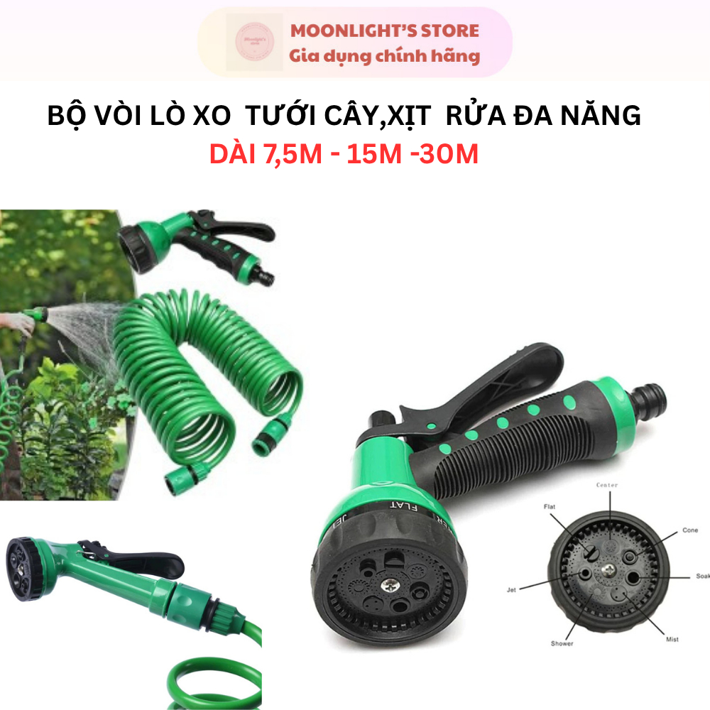 Bộ Vòi Tưới Cây Co Giãn 7.5m–30m | 7 Chế Độ Xịt Lò Xo Co Giãn Gọn Nhẹ Tưới Cây, Rửa Xe, Sân Vườn