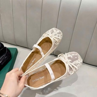 Giày bệt phối ren phong cách pháp nơ nhỏ thêu hoạ tiết hoa nổi cực xinh M409