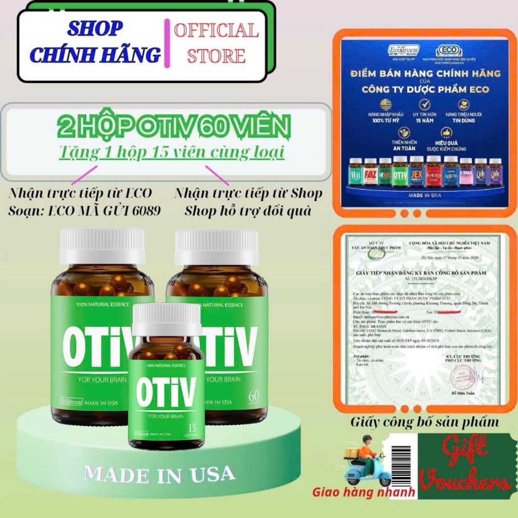 Combo 2 hộp 60 viên OTIV bổ não tặng 1 hộp 15 viên cải thiện mất ngủ ...