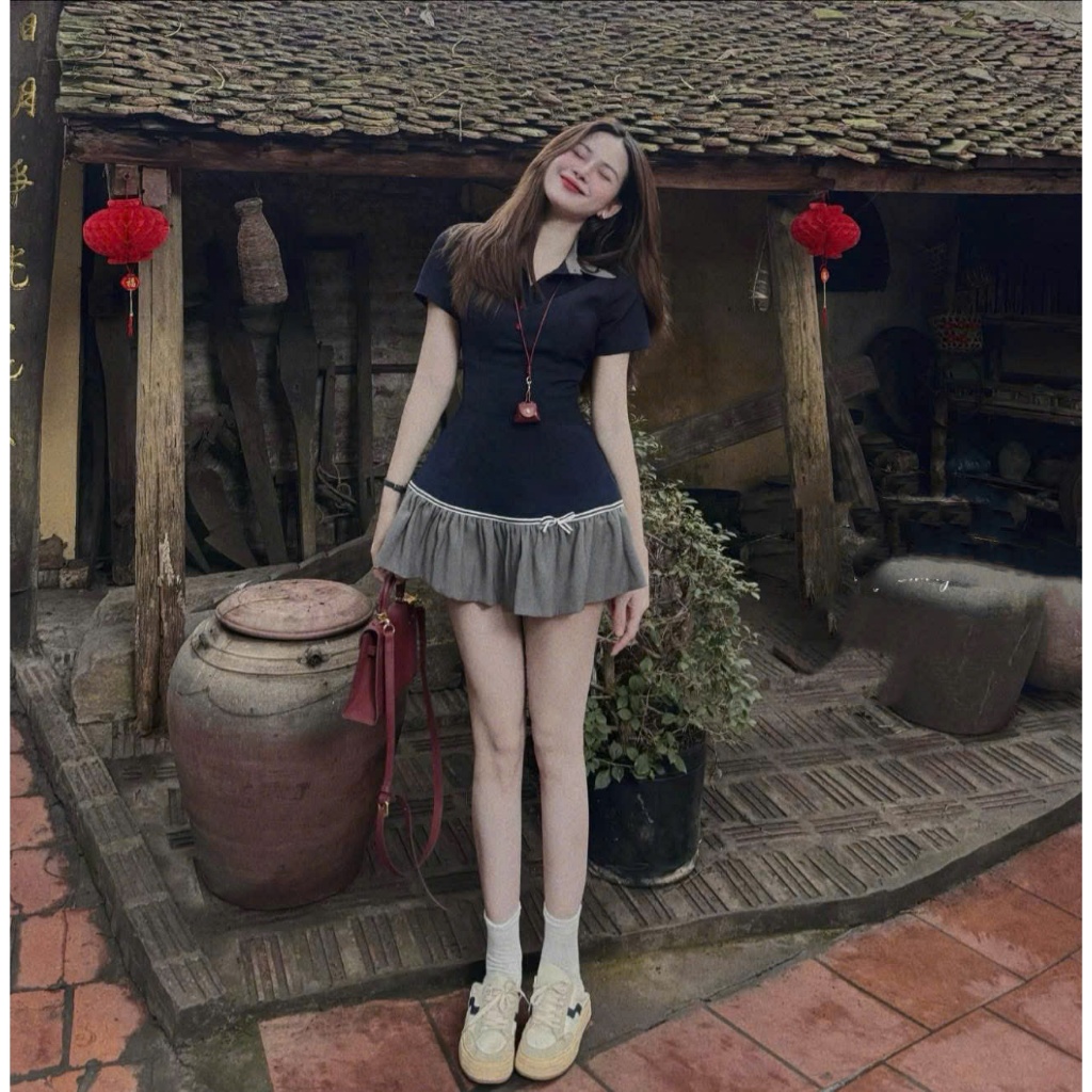 Váy cổ polo Xòe Nữ Dáng Ngắn Vintage Phong Cách Hàn Quốc - Thiết Kế Cổ Peter Pan, Tôn Dáng, Xinh Xắn Đi Chơi Sẵn SỈ