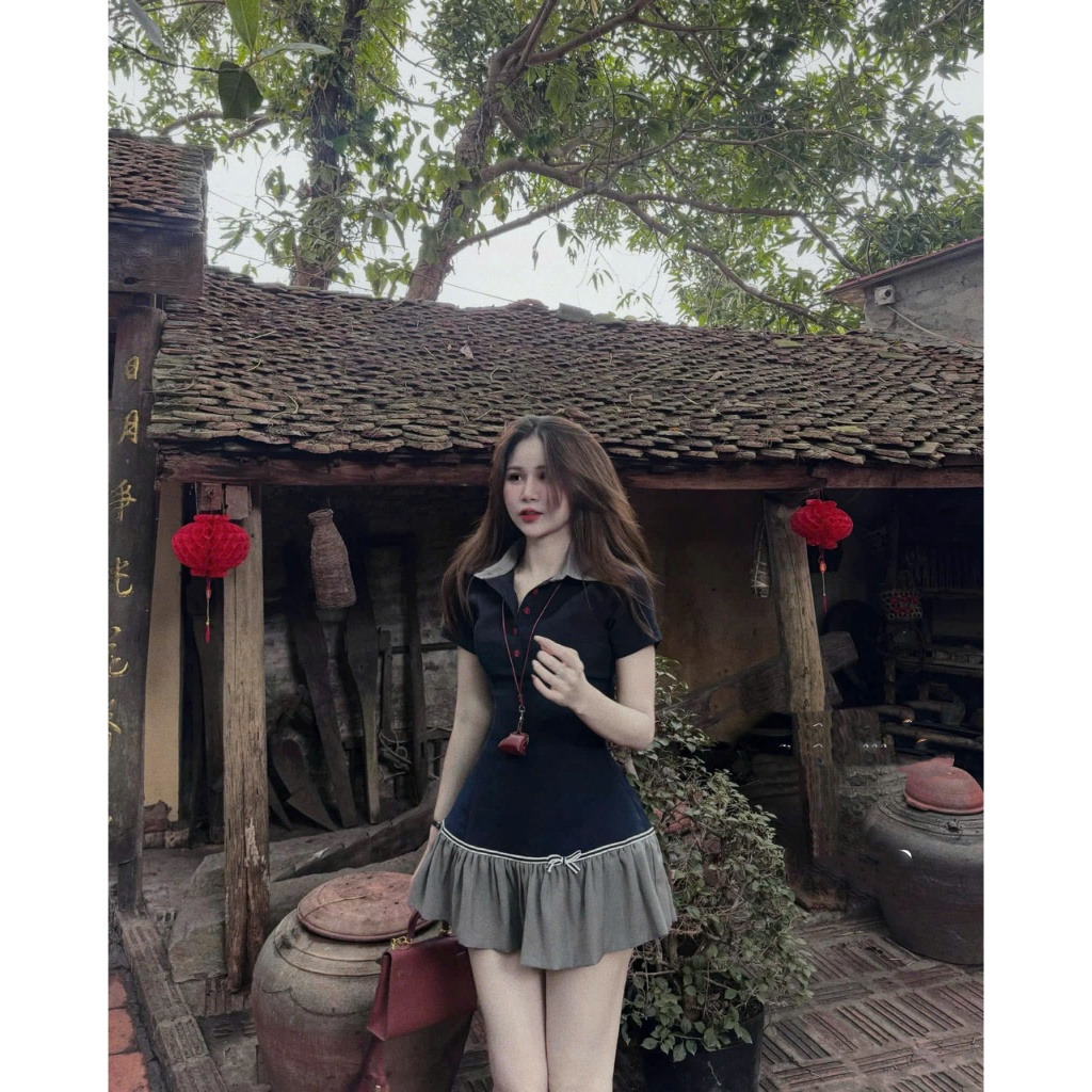 Váy cổ polo Xòe Nữ Dáng Ngắn Vintage Phong Cách Hàn Quốc - Thiết Kế Cổ Peter Pan, Tôn Dáng, Xinh Xắn Đi Chơi Sẵn SỈ