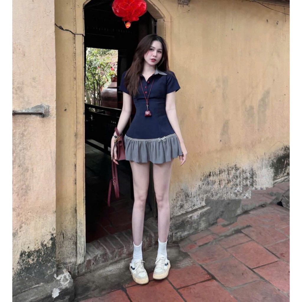 Váy cổ polo Xòe Nữ Dáng Ngắn Vintage Phong Cách Hàn Quốc - Thiết Kế Cổ Peter Pan, Tôn Dáng, Xinh Xắn Đi Chơi Sẵn SỈ