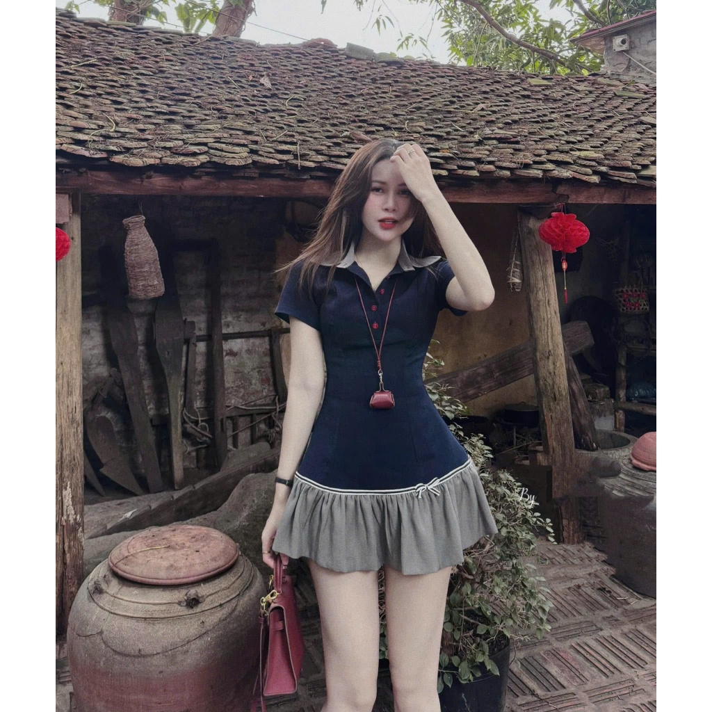 Váy cổ polo Xòe Nữ Dáng Ngắn Vintage Phong Cách Hàn Quốc - Thiết Kế Cổ Peter Pan, Tôn Dáng, Xinh Xắn Đi Chơi Sẵn SỈ