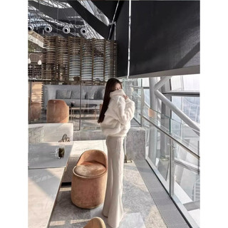 Áo khoác lông dáng croptop cổ bẻ cao cổ có khoá viền chun phong cách sang trọng