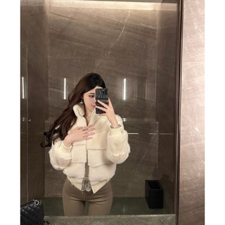 Áo khoác lông dáng croptop cổ bẻ cao cổ có khoá viền chun phong cách sang trọng
