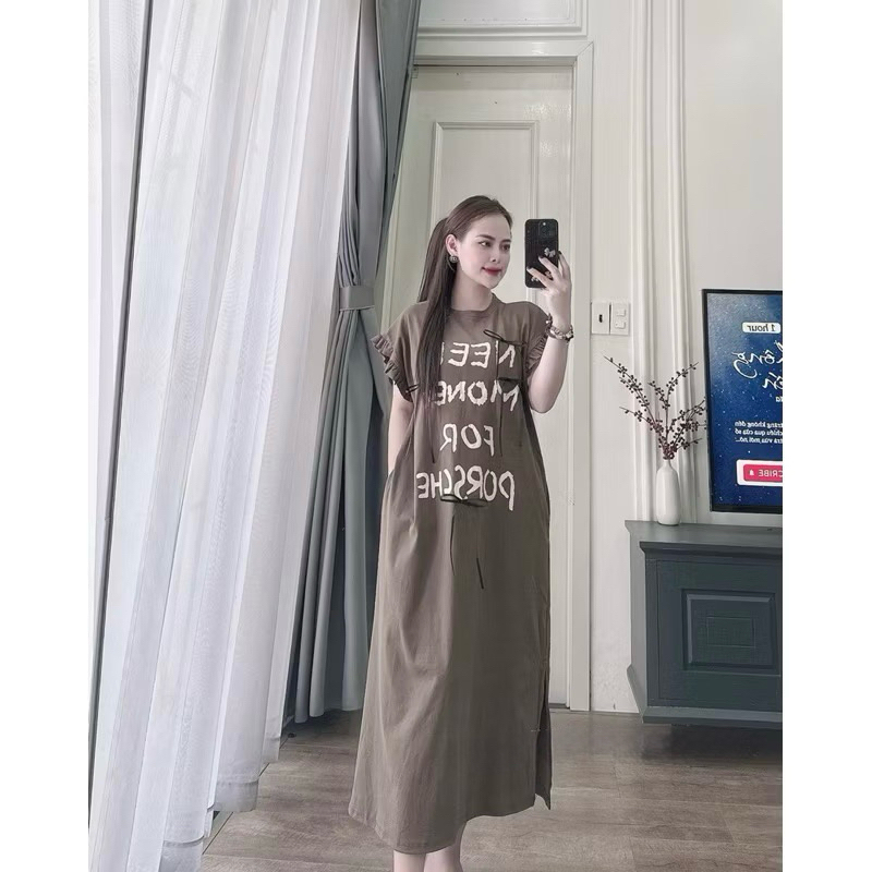 Đầm bầu tay cánh tiên form rộng bigsize đơn giản Váy thun dáng suông dài cộc tay chữ Need Money đen nâu đỏ tím T1098G