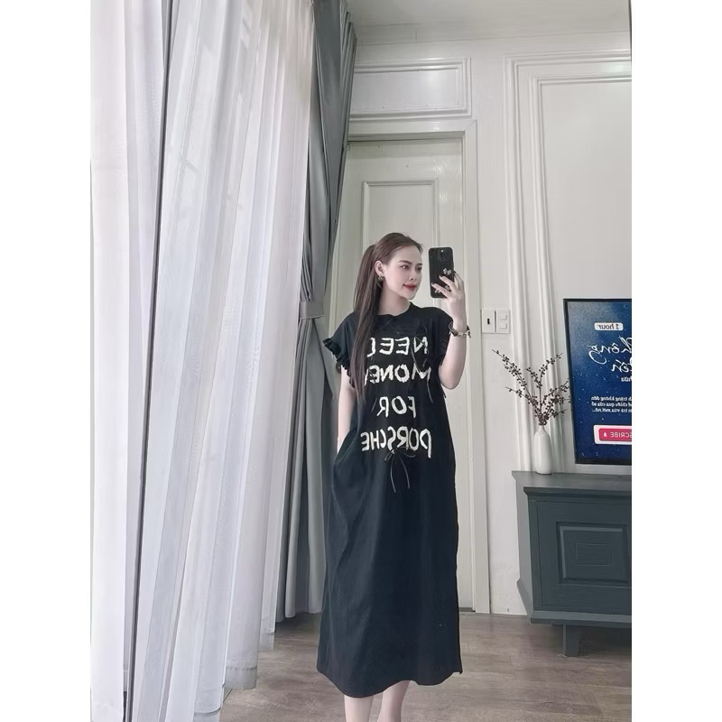Đầm bầu tay cánh tiên form rộng bigsize đơn giản Váy thun dáng suông dài cộc tay chữ Need Money đen nâu đỏ tím T1098G