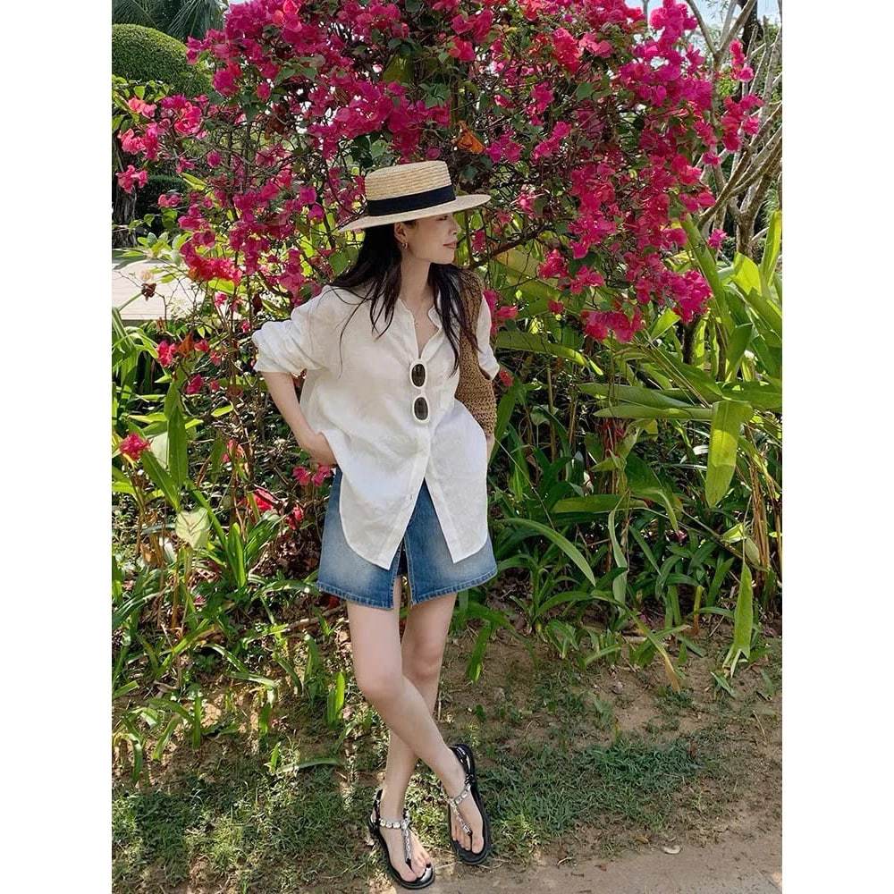 𝗦𝗲𝘂𝗹 -  Áo Linen sơ mi vạt bầu BEELY