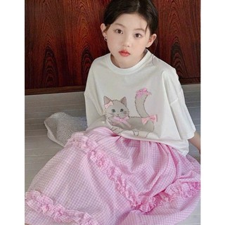 [B&G] Sét váy dài hồng caro kèm áo cotton trắng form rộng mùa hè cho bé gái từ 12-45kg(2-12 tuổi)