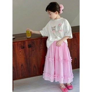 [B&G] Sét váy dài hồng caro kèm áo cotton trắng form rộng mùa hè cho bé gái từ 12-45kg(2-12 tuổi)