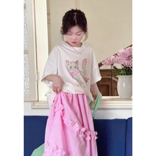 [B&G] Sét váy dài hồng caro kèm áo cotton trắng form rộng mùa hè cho bé gái từ 12-45kg(2-12 tuổi)