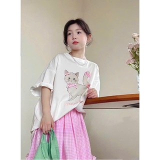 [B&G] Sét váy dài hồng caro kèm áo cotton trắng form rộng mùa hè cho bé gái từ 12-45kg(2-12 tuổi)