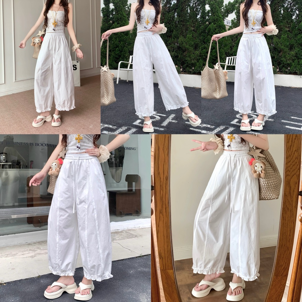 Quần Dài Lỡ Bom Thụng Chun Gấu Phối Bèo - Tôn Dáng Chất Gió Lụa Đẹp Mềm Mát Xuân Hè SANA CLOSET #2521