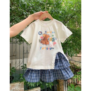 [B&G] Sét váy áo thun gấu kèm chân váy caro tầng dễ thương cho bé gái từ 12-45kg(2-12 tuổi)