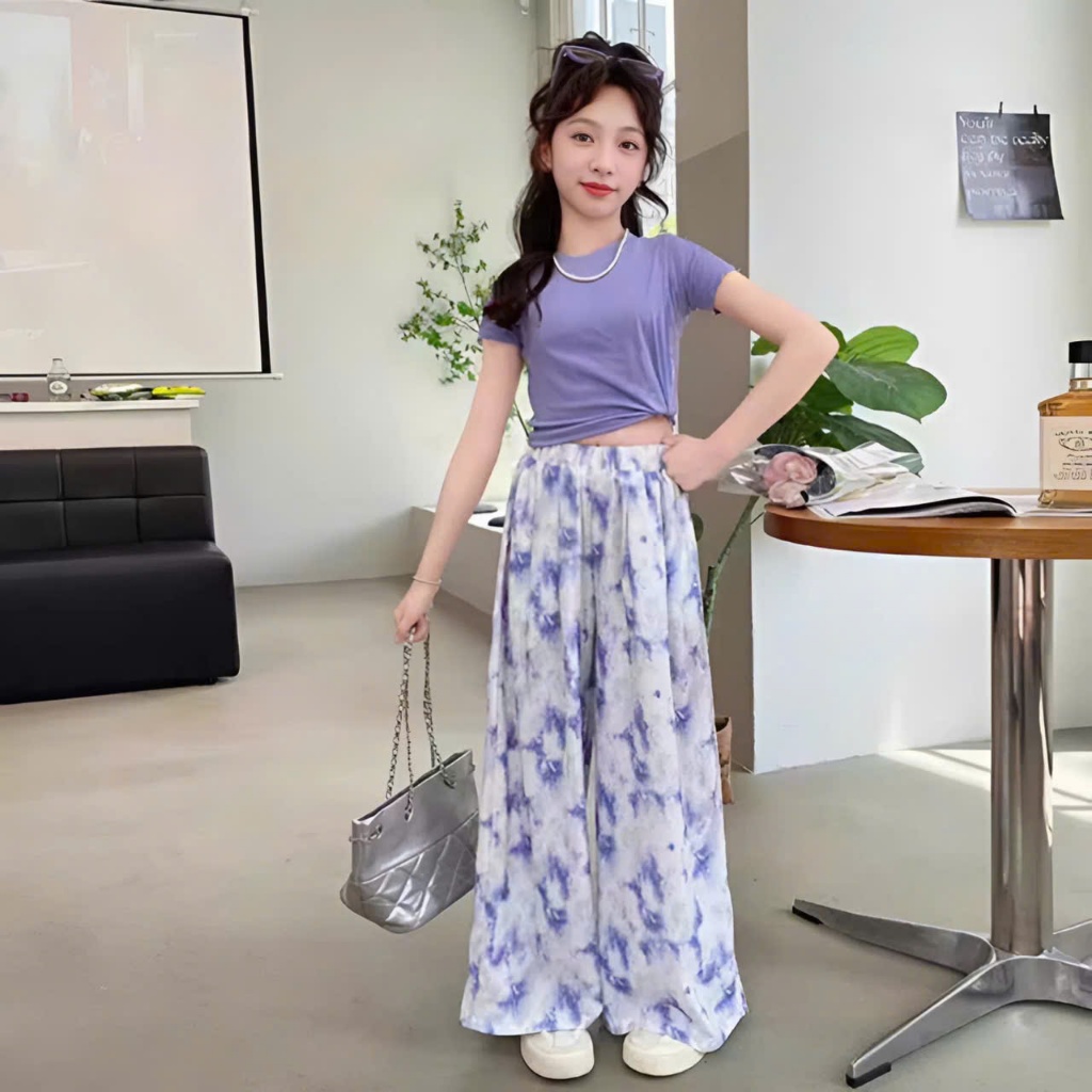 4-15 tuổi. Bộ cộc tay quần ống xuông in loang cho bé gái chất vải tăm lạnh mềm mịn co giãn thoải mái .M33