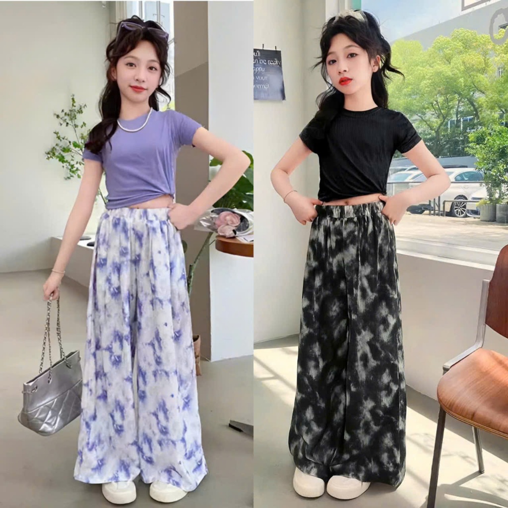 4-15 tuổi. Bộ cộc tay quần ống xuông in loang cho bé gái chất vải tăm lạnh mềm mịn co giãn thoải mái .M33