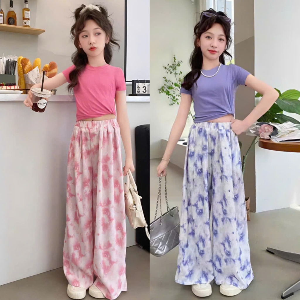 4-15 tuổi. Bộ cộc tay quần ống xuông in loang cho bé gái chất vải tăm lạnh mềm mịn co giãn thoải mái .M33