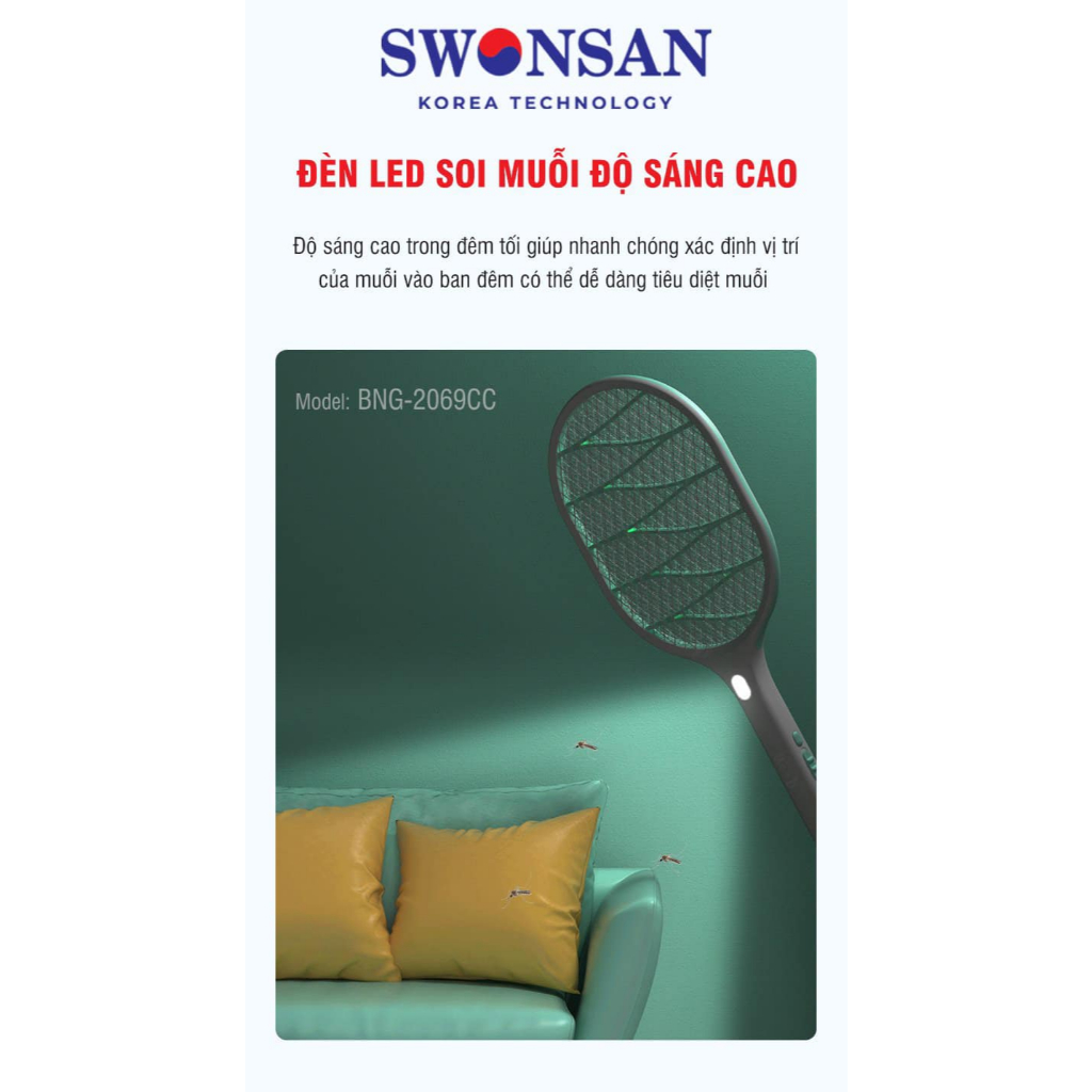 Vợt muỗi cao cấp Swonsan BNG-2069 chống giật an toàn, Pin diệt muỗi 15 ngày, Lưới vợt 3 lớp chống gỉ