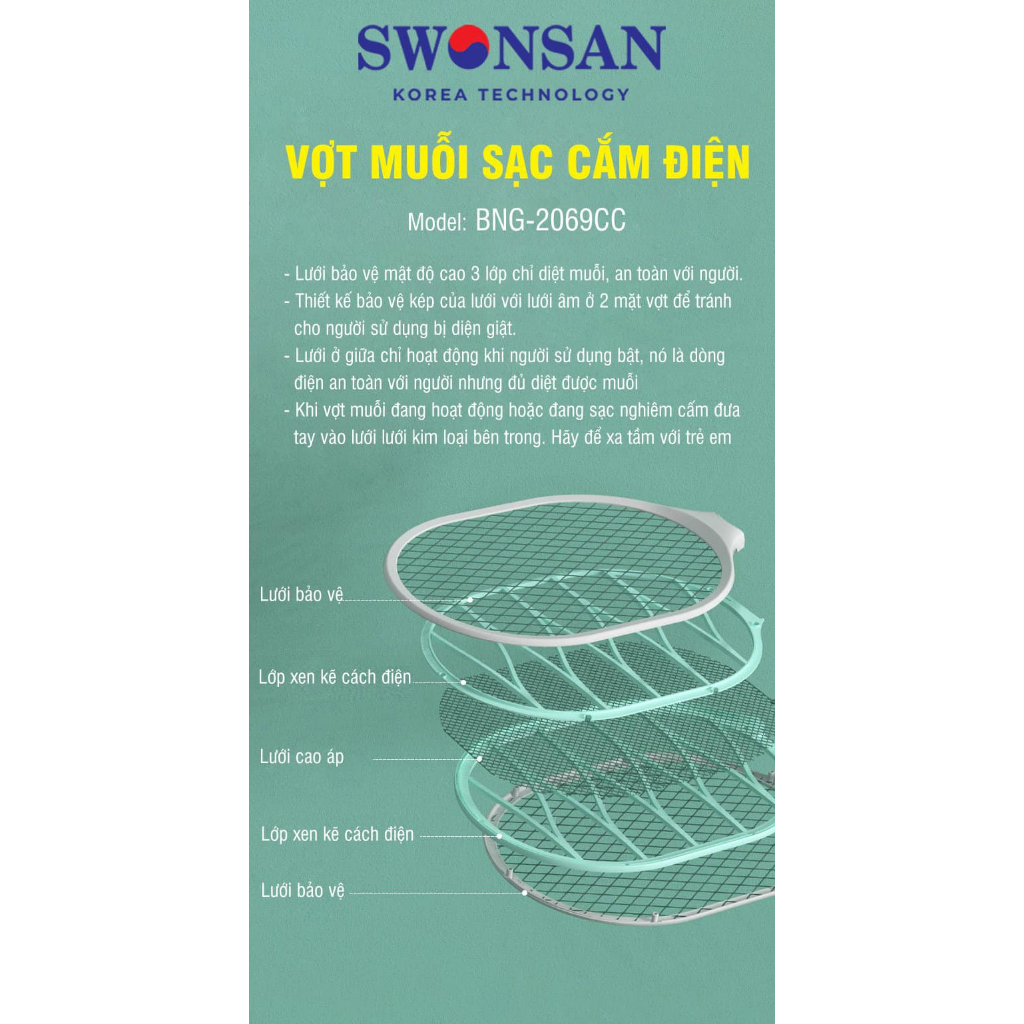 Vợt muỗi cao cấp Swonsan BNG-2069 chống giật an toàn, Pin diệt muỗi 15 ngày, Lưới vợt 3 lớp chống gỉ