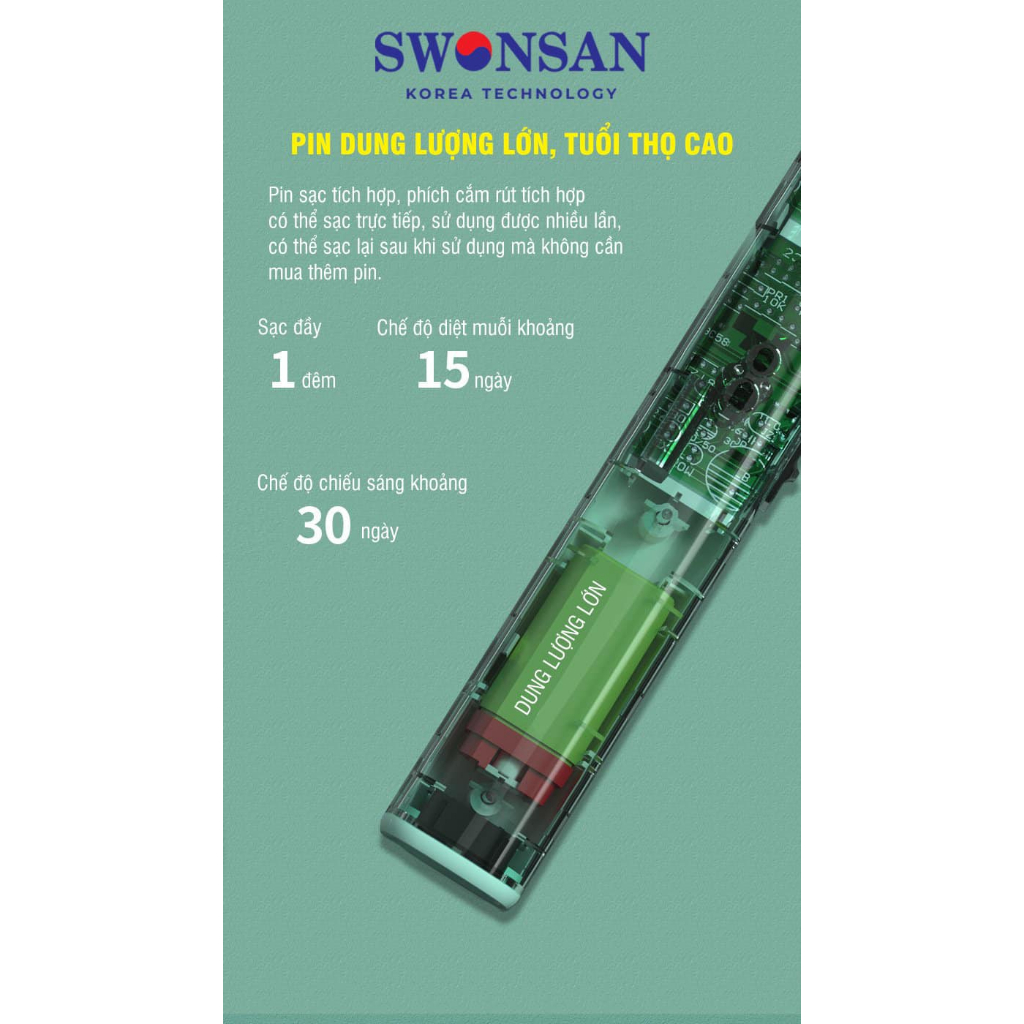 Vợt muỗi cao cấp Swonsan BNG-2069 chống giật an toàn, Pin diệt muỗi 15 ngày, Lưới vợt 3 lớp chống gỉ