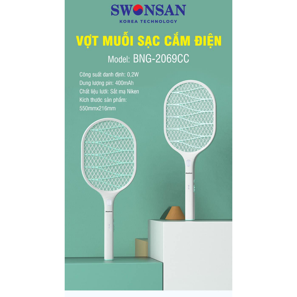 Vợt muỗi cao cấp Swonsan BNG-2069 chống giật an toàn, Pin diệt muỗi 15 ngày, Lưới vợt 3 lớp chống gỉ