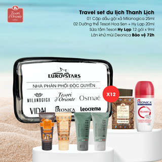 Travel set du lịch Combo Dầu gội xả Milanogica 25ml & Sữa tắm Tesori 25ml & Dưỡng thể Tesori 20ml & Lăn khử mùi Deonica