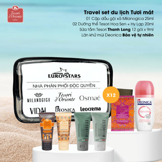 Travel set du lịch Combo Dầu gội xả Milanogica 25ml & Sữa tắm Tesori 25ml & Dưỡng thể Tesori 20ml & Lăn khử mùi Deonica