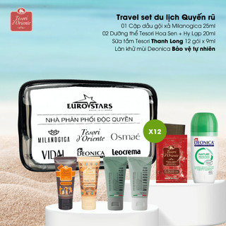 Travel set du lịch Combo Dầu gội xả Milanogica 25ml & Sữa tắm Tesori 25ml & Dưỡng thể Tesori 20ml & Lăn khử mùi Deonica