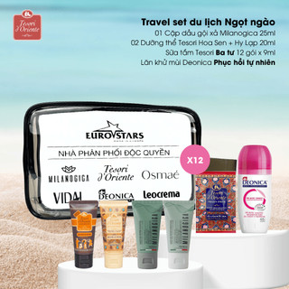 Travel set du lịch Combo Dầu gội xả Milanogica 25ml & Sữa tắm Tesori 25ml & Dưỡng thể Tesori 20ml & Lăn khử mùi Deonica